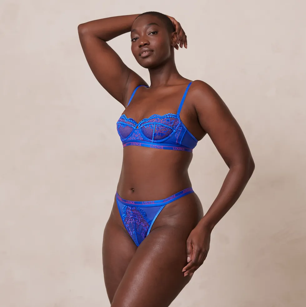 Bicolore Blossom Balcony Soutien-Gorge et String Ensemble - Bleu