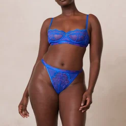 Bicolore Blossom Balcony Soutien-Gorge et String Ensemble - Bleu