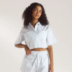 Chemise de Pyjama à Manches Courtes Bloom & Stripe - Bleu