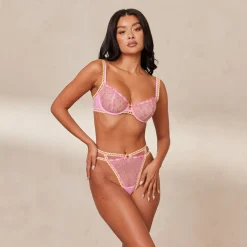 Daisy Embroidered Balcony Soutien-Gorge et String/Culotte Ensemble - Rose