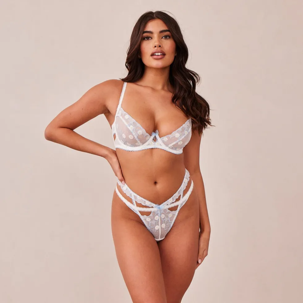 Fleur Balcony Soutien-Gorge et G-string Ensemble - Blanc et Bleu