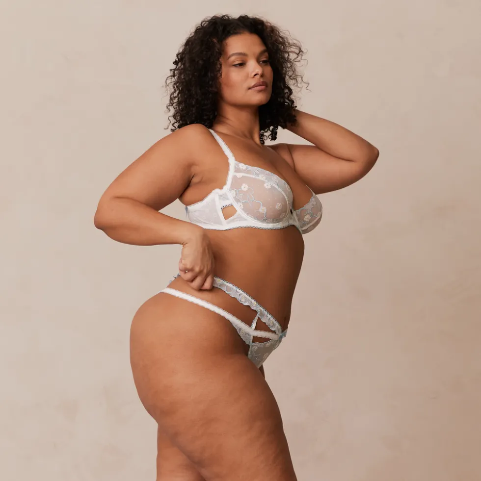 Fleur Balcony Soutien-Gorge et G-string Ensemble - Blanc et Bleu