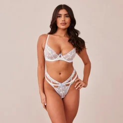 Fleur Balcony Soutien-Gorge et G-string Ensemble - Blanc et Bleu