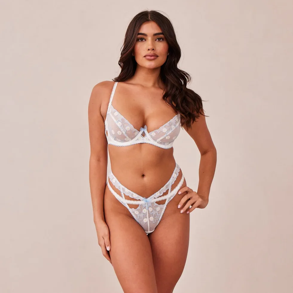 Fleur Balcony Soutien-Gorge et G-string Ensemble - Blanc et Bleu