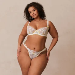Fleur Balcony Soutien-Gorge et G-string Ensemble - Blanc et Jaune