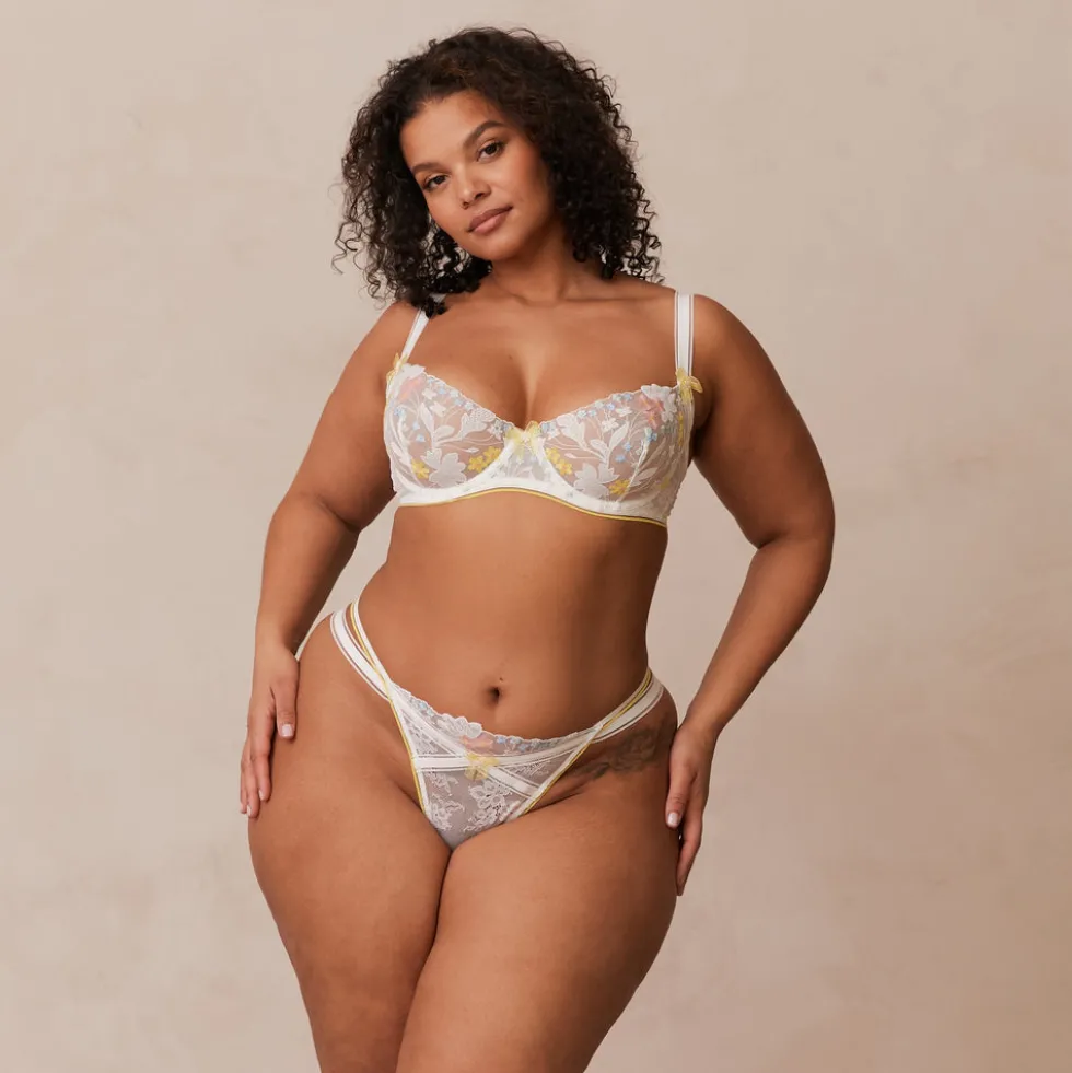 Fleur Balcony Soutien-Gorge et G-string Ensemble - Blanc et Jaune