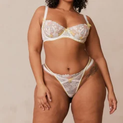 Fleur Balcony Soutien-Gorge et G-string Ensemble - Blanc et Jaune