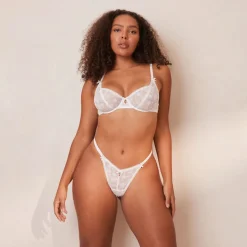 Flocked Floral Balcony Soutien-Gorge et String/Culotte Ensemble - Blanc