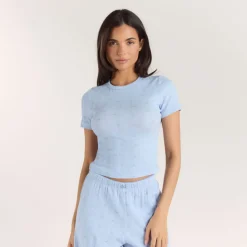 Haut de Pyjama Ajusté en Pointelle - Bleu Floral