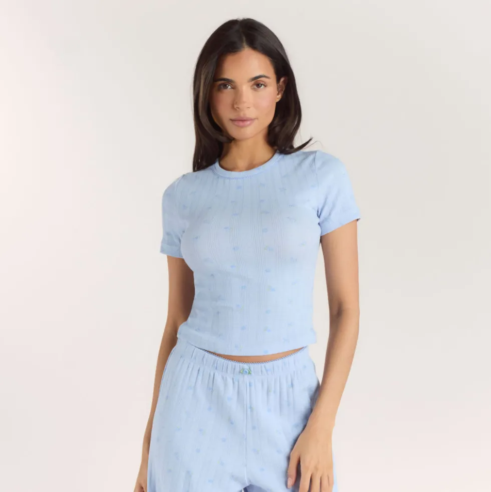 Haut de Pyjama Ajusté en Pointelle - Bleu Floral