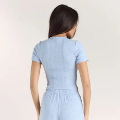 Haut de Pyjama Ajusté en Pointelle - Bleu Floral