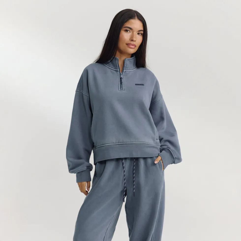 Pull avec Quart de Zip - Bleu Délavé