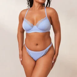 Ribbed Balcony Soutien-Gorge et String/Culotte Ensemble - Bleu
