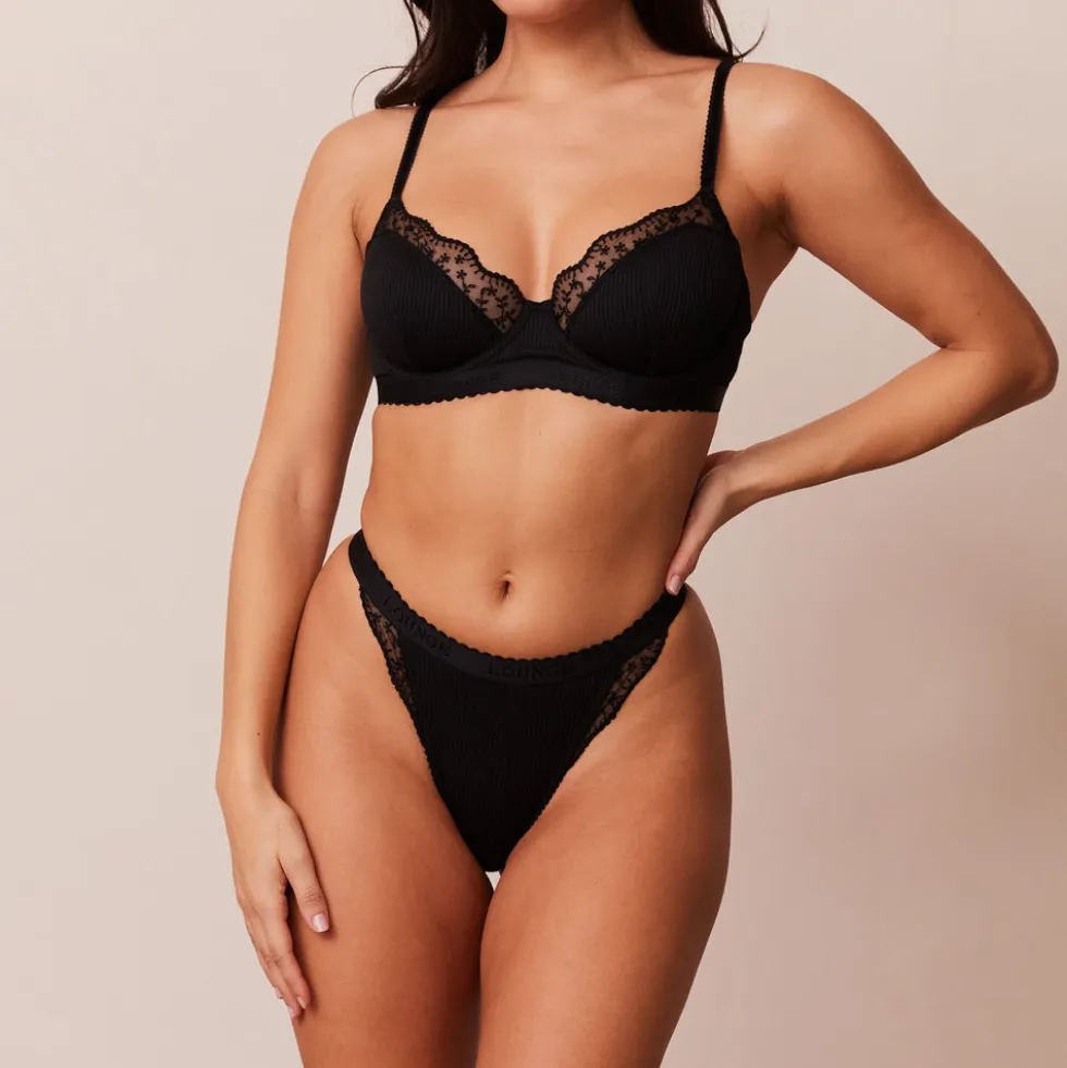 Ribbed Balcony Soutien-Gorge et String/Culotte Ensemble - Noir