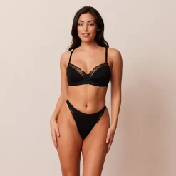 Ribbed Balcony Soutien-Gorge et String/Culotte Ensemble - Noir