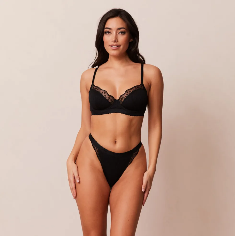 Ribbed Balcony Soutien-Gorge et String/Culotte Ensemble - Noir