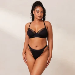 Ribbed Balcony Soutien-Gorge et String/Culotte Ensemble - Noir