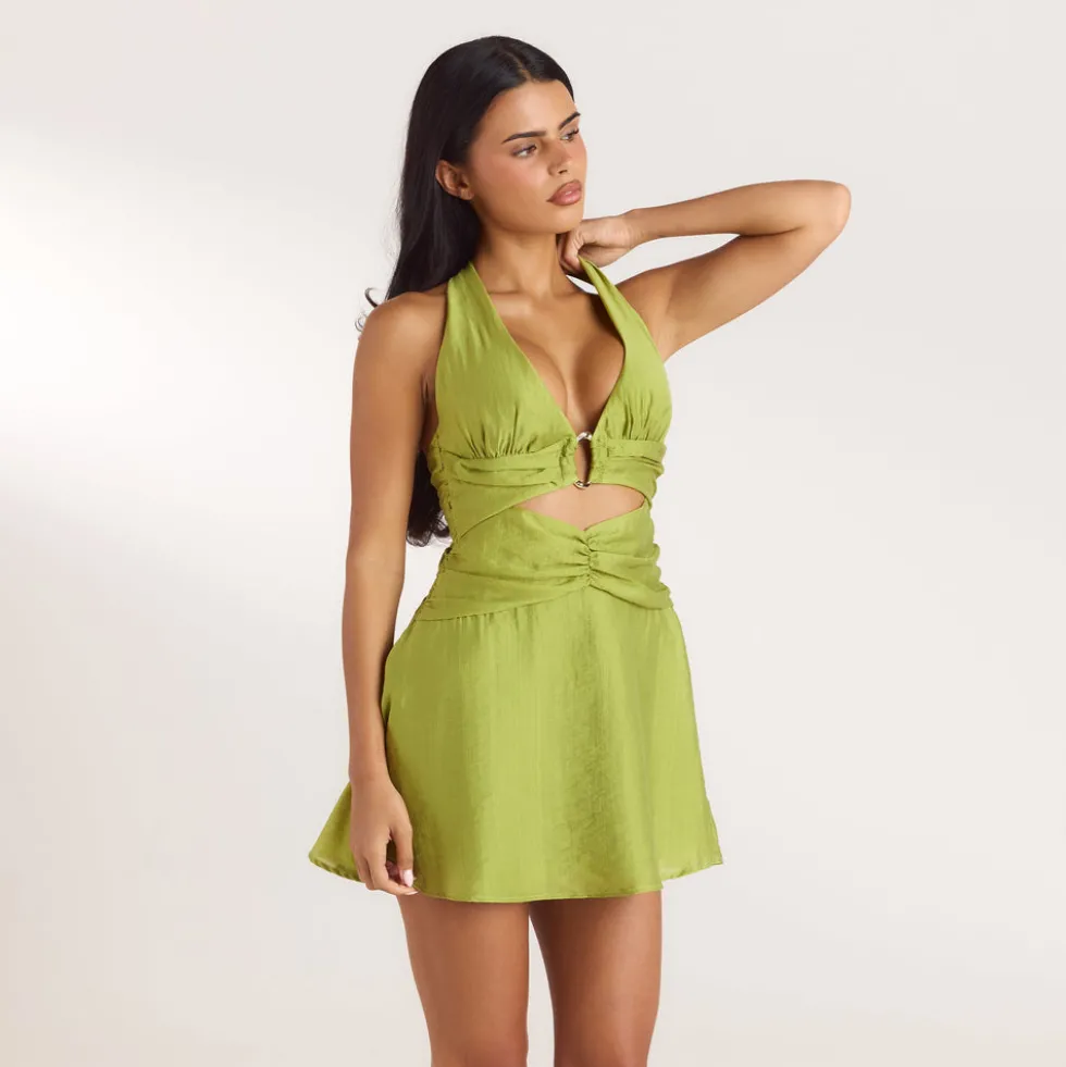 Robe Courte avec Fronces en Tencel - Vert Lime