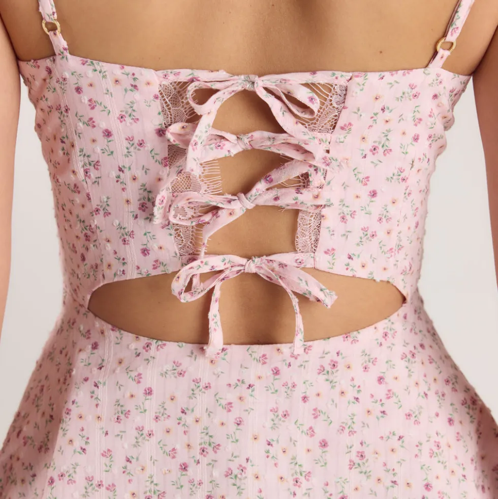 Robe Courte à Plis et Dentelle - Rose Floral
