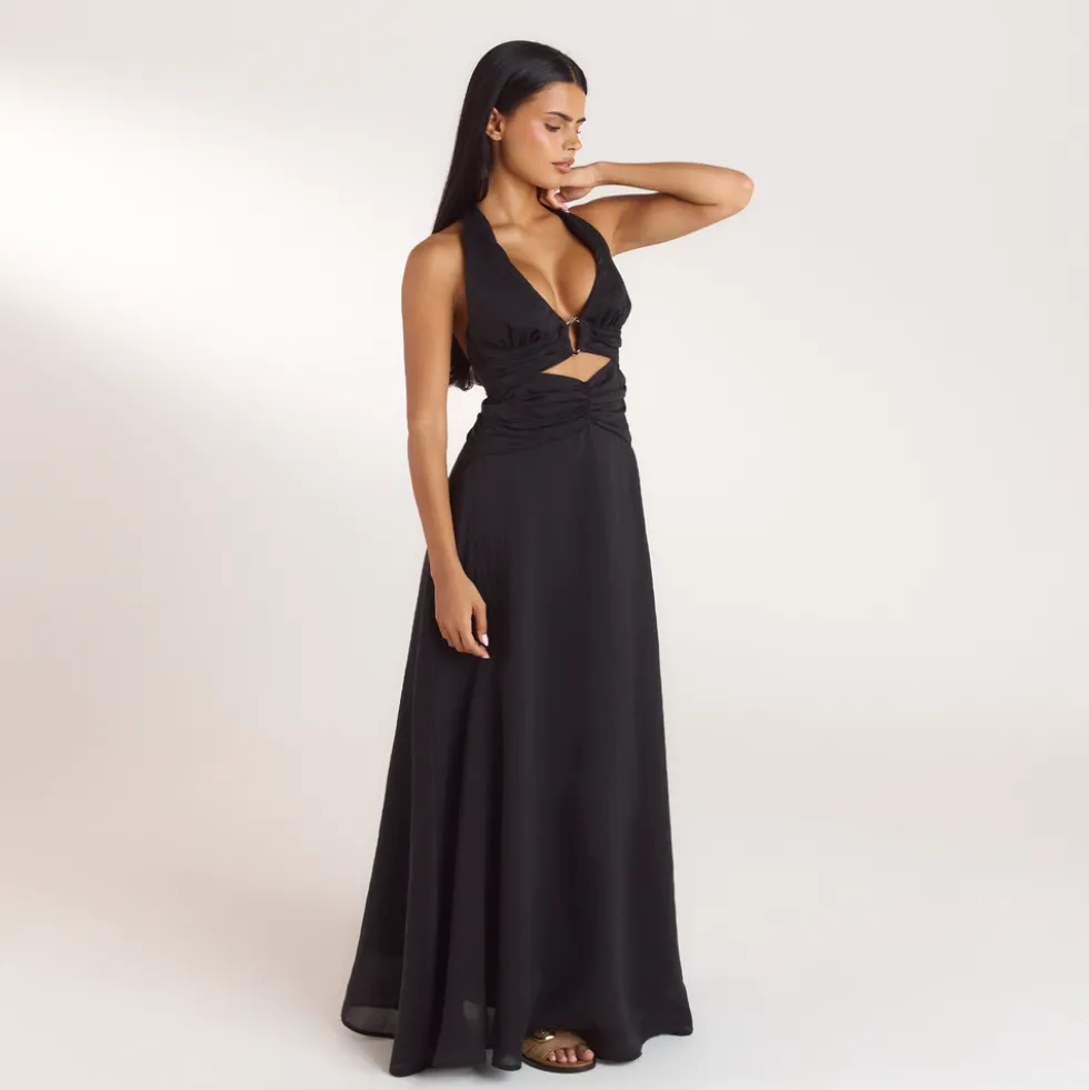 Robe Longue avec Fronces en Tencel - Noir