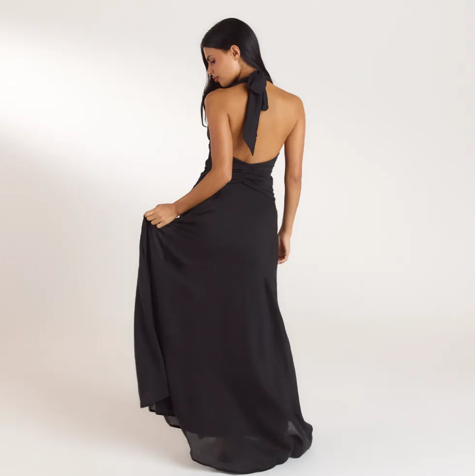 Robe Longue avec Fronces en Tencel - Noir