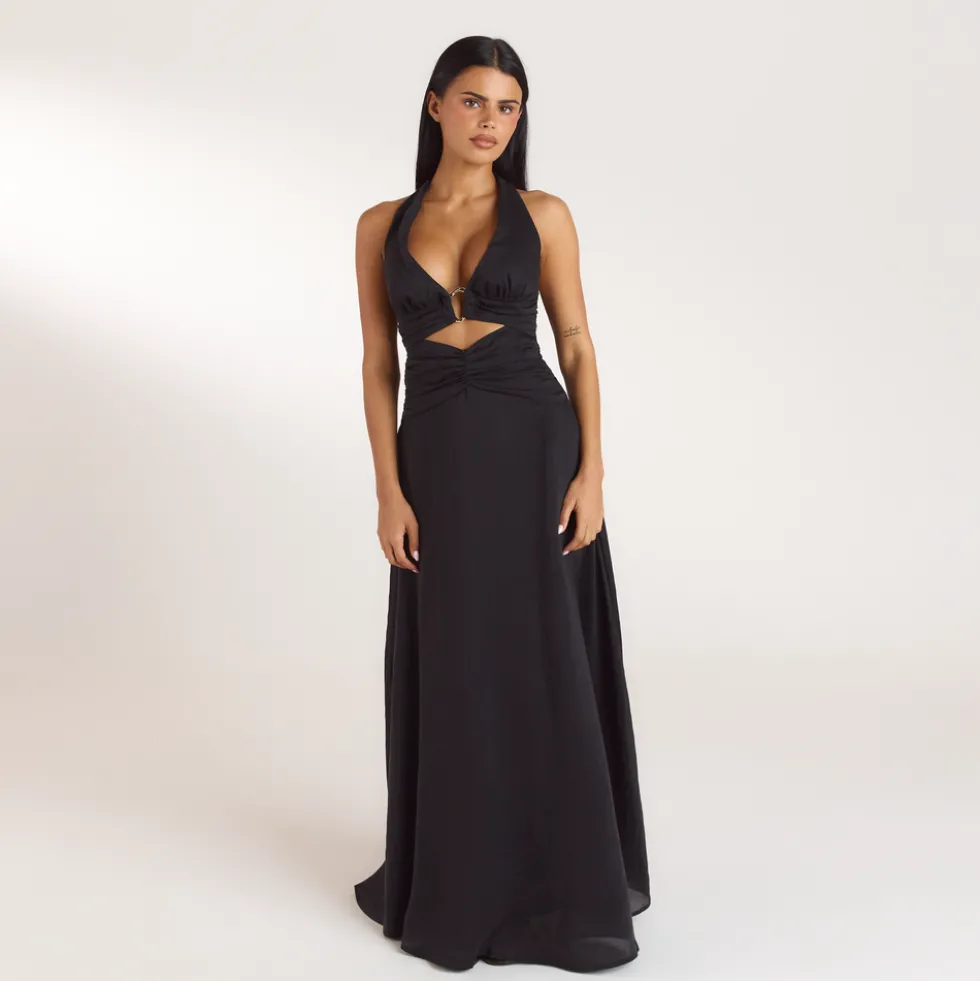 Robe Longue avec Fronces en Tencel - Noir