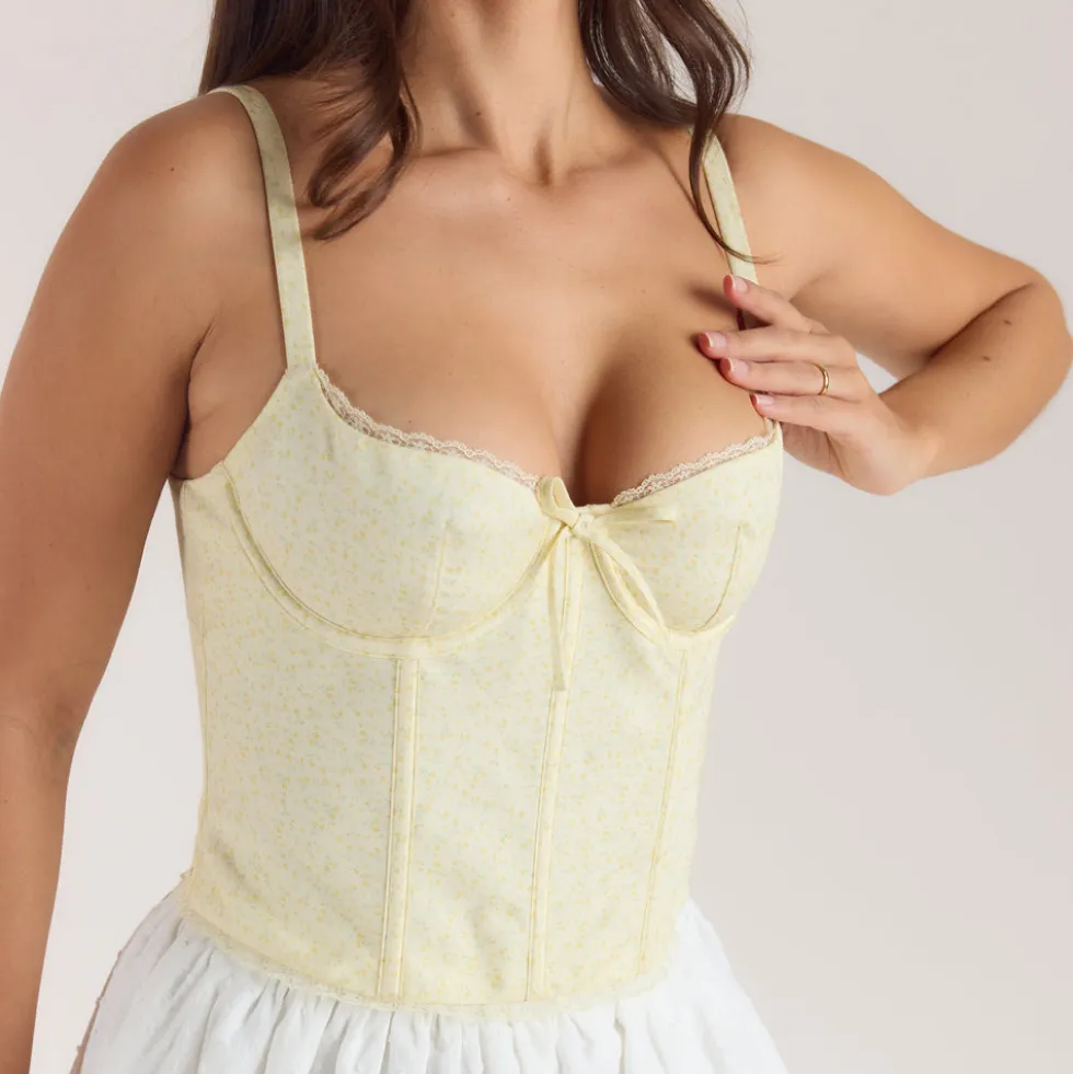 Top Corset avec Bordure en Dentelle - Jaune Floral